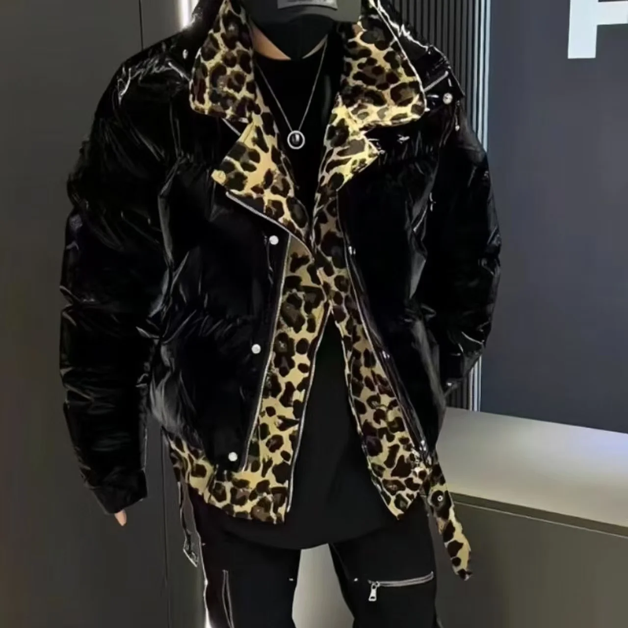 Loose Leopard Print Retro Cotton Coat for Women and Men,False Two-Piece New Overcoat,Stand Collar Jacket