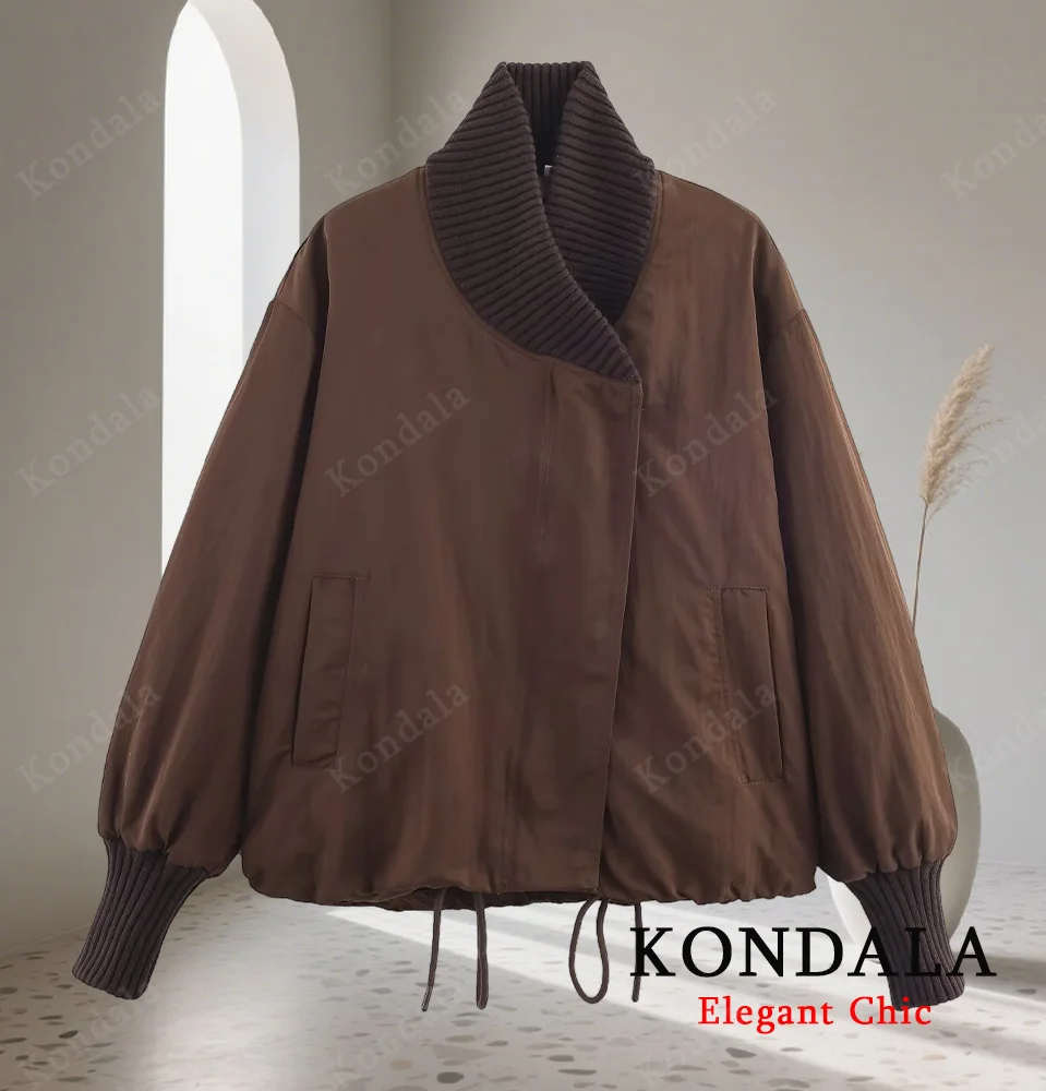

KONDALA женская теплая коричневая свободная стеганая куртка с воротником-стойкой, элегантная куртка 2200, осень-зима, модное женское повседневное уличное пальто