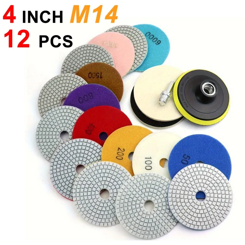 ​ ​ Kit di tamponi diamantati per lucidatura da 12 pezzi da 4 pollici (100 mm) a umido/secco per pietra di marmo, cemento, granito, con cuscinetto di supporto da 5/8"-11 ​