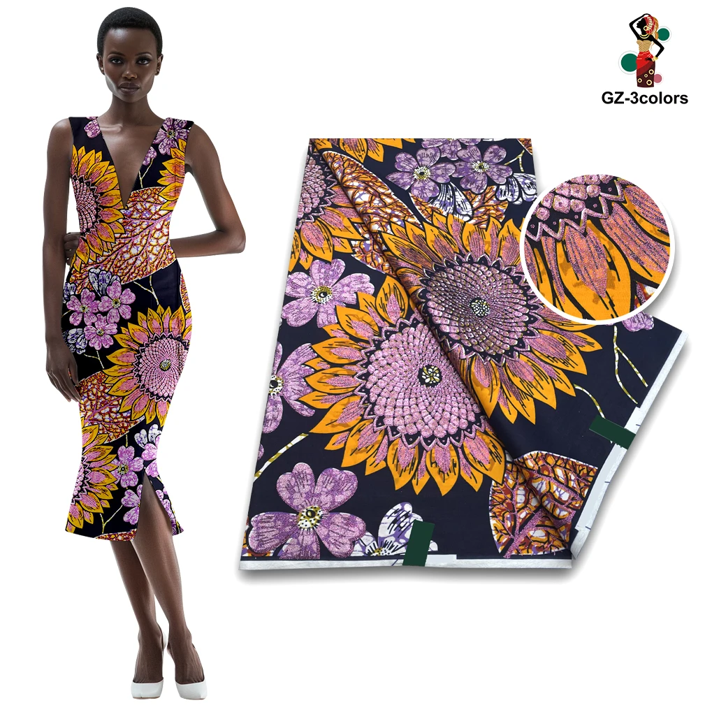 New African Fashion Glitter Grand Golden Wax Fabric High Quality Nigeria Gold Printed Ankara Wax Materials 6yards Women Pagne