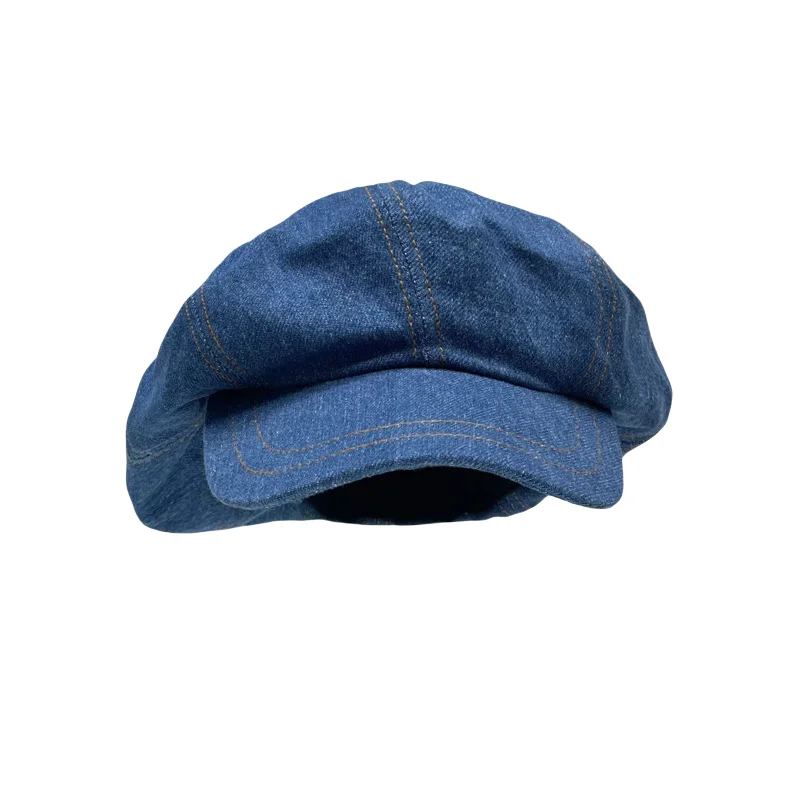 Cowboy beret retro octagon spring head around blue painter hat to show face small sun block short eave for men and women