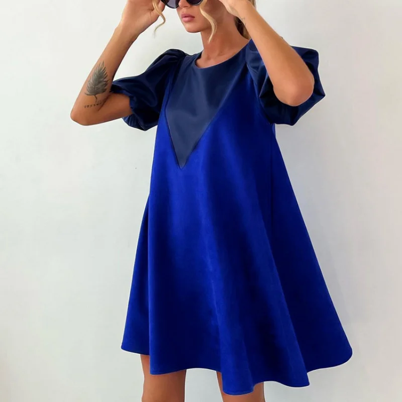 

Spring Women's Clothing WholesalepuLeather patchwork design loose solid color casual short-sleeve dress