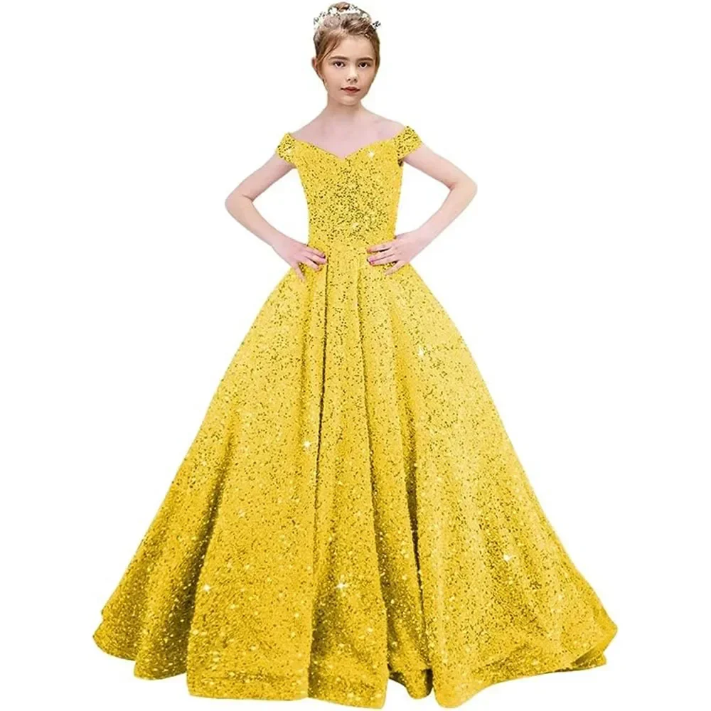 Vestidos de niña de flores con lentejuelas y hombros descubiertos con purpurina para bodas, vestido largo para fiesta infantil, desfile de cumpleaños, vestido Formal de baile de princesa