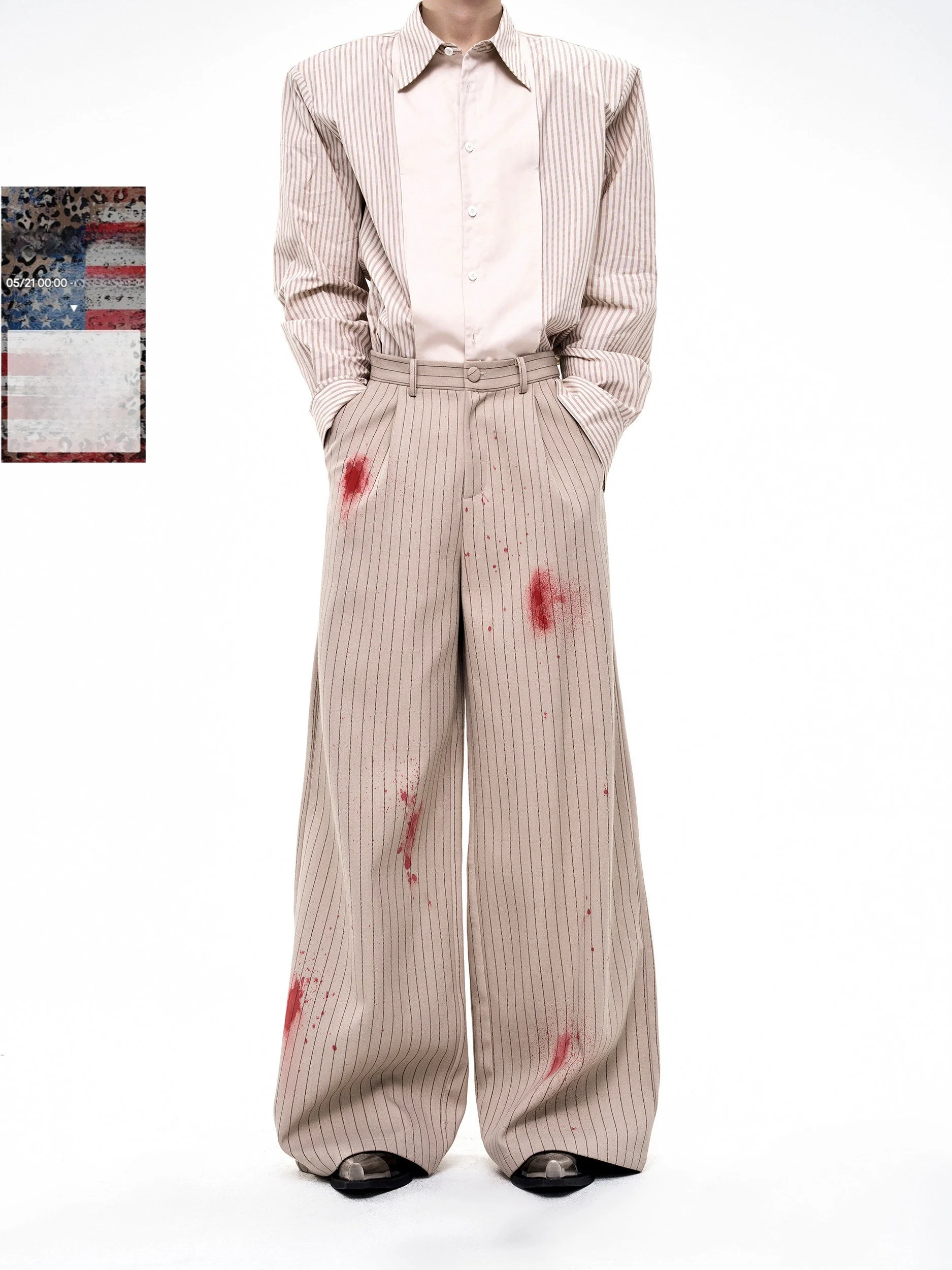 

Start Exceed End Men's Casual Pants Vertical Stripes Hand-Painted Milk Silk Drapey Style Teen Fashion Polyester Blend