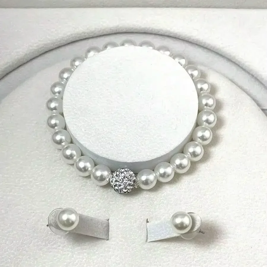 3 PCS set Imitation Pearl Fireball Necklace Bracelet Earring Stud Jewelry Set Silver Color Crystal Stone Elegant Bridal Jewelry image 2