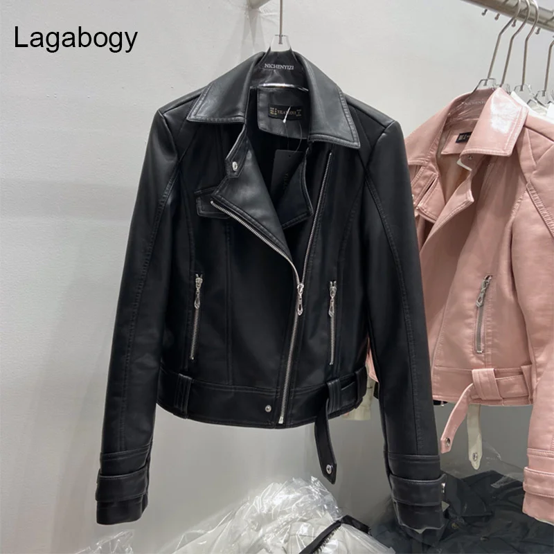 

Soft Lagabogy New Spring Autumn Women PU Leather Jacket Long Sleeved Punk Coat With Belt Female Biker Moto Slim Outwear