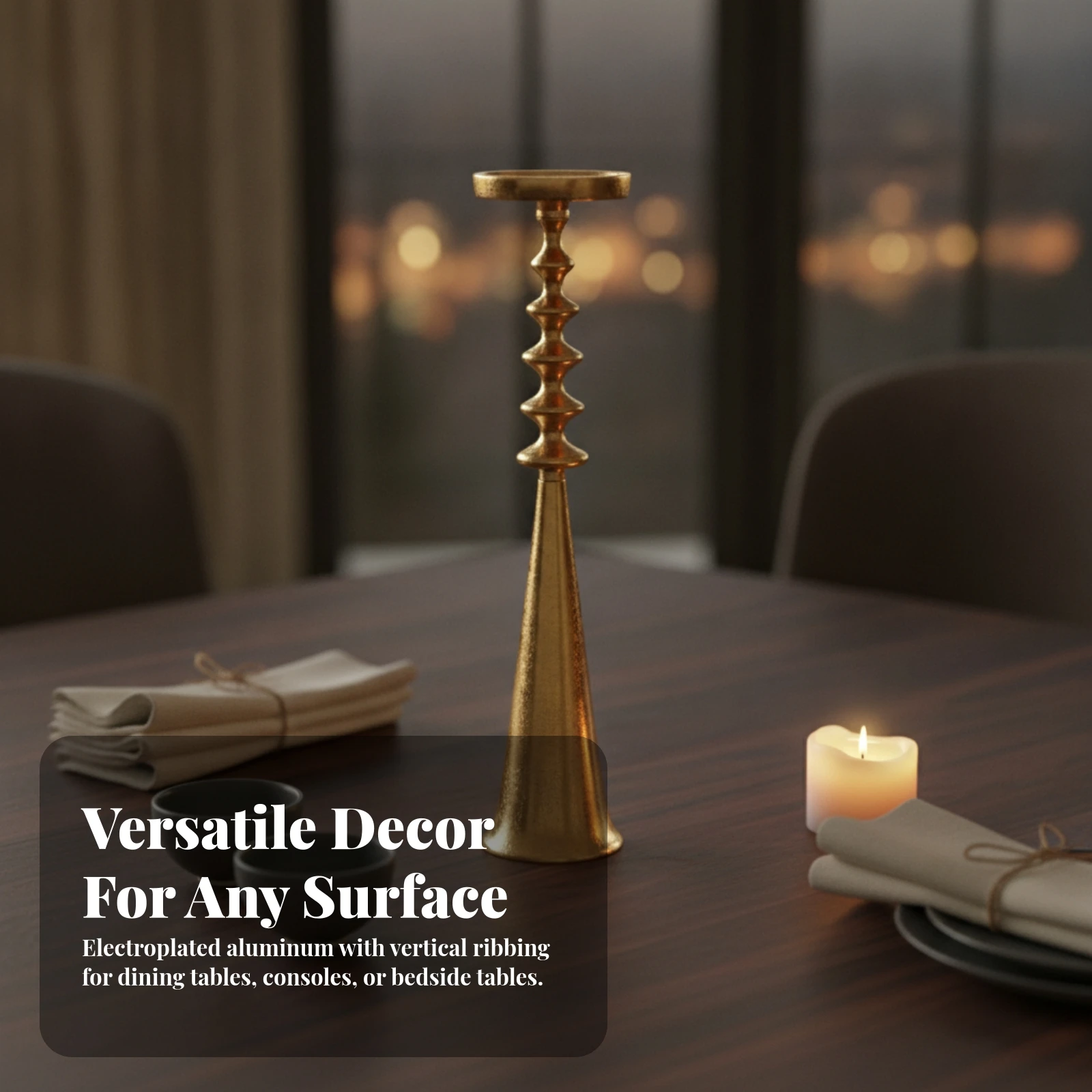 Aluminum Candle Holder with Electroplated Finish Elegant Tapered Stem Candle Holder with Circular Detailing Decorative Sleek