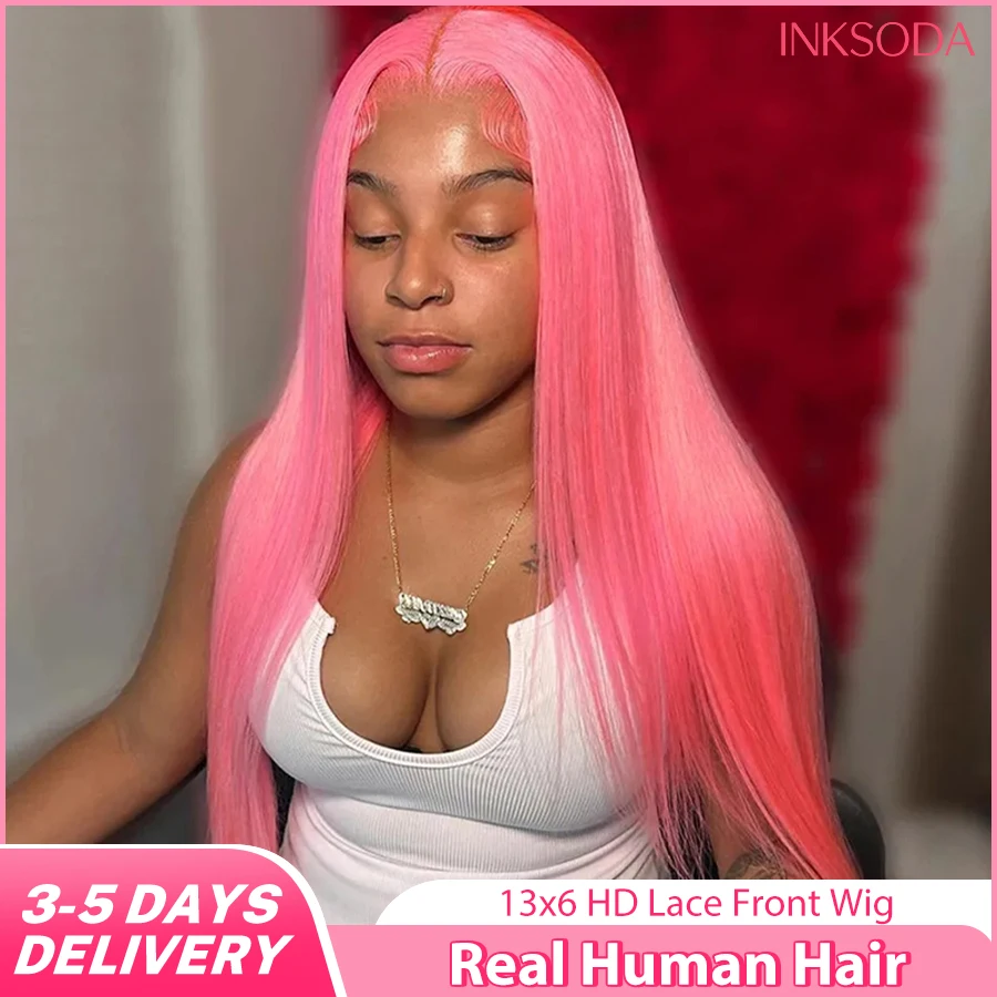 

220% Density 34Inch Pink Wig Straight Human Hair Wigs 13X6 Hd Lace Frontal Wig Transparent Lace Front Wig Real Brazilian Hair