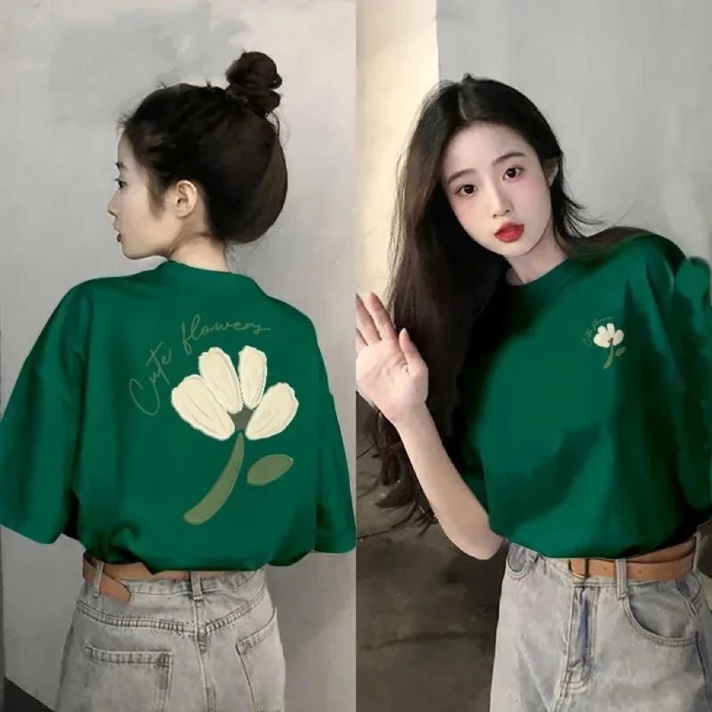 

Heavyweight Pure Cotton Summer Short Sleeves T-shirt Printed Loose Niche College Style Youth All-Match Top