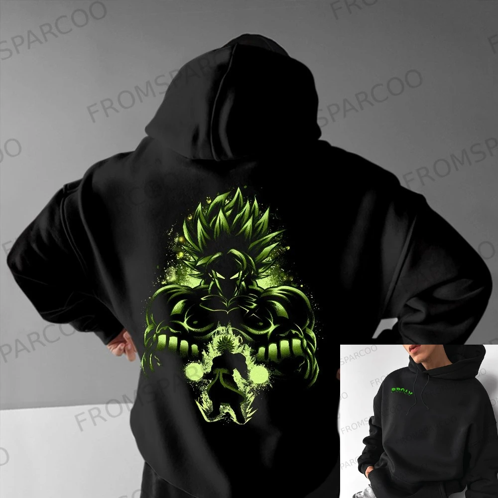 

Broly Black Hoodie Men's Sparcoo Brand Streetwear Pullover with Green Brolv Chest Embroidery Adjustable Drawstring Casual Loose
