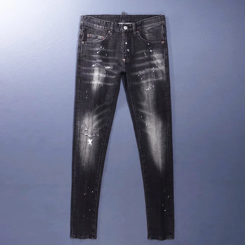 Y2K Street Fashion New Men's Jeans Leather Tag Scratch Elastic Slim Fit Washed Nostalgic Black Gray Jeans Hip-Hop Brand Design