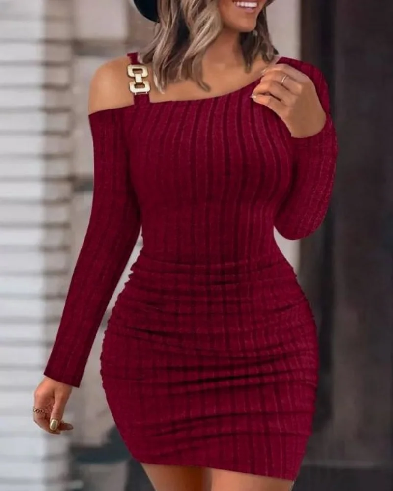 Women Knit Cold Shoulder Long Sleeve Bodycon Dress With Metal Buckle Detail Ruched Waist Slim Fit Mini Dress For Party Cl - view 2
