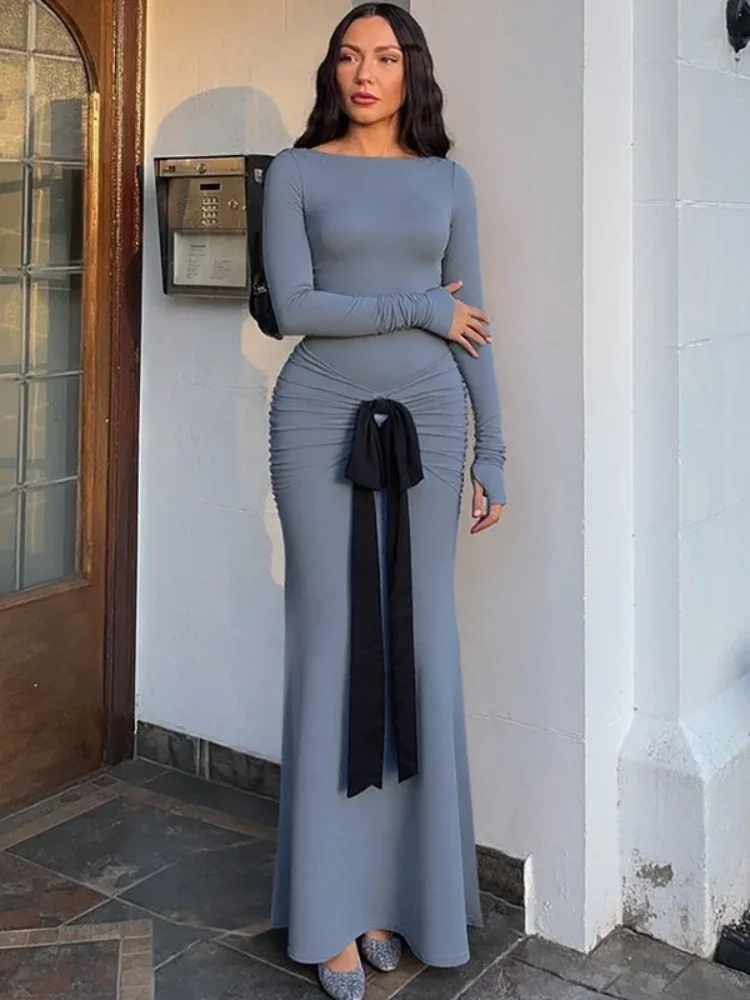 FDYOUI Elegant Long Sleeve Folds Evening Dresses for Women Chic Tunics Ruched Bowknot Long Maxi Party Prom Dress Vacation Outfit