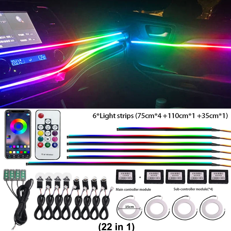 14/18/22 In 1 213 64 Kleuren Rgb Led Interieur Streamer Symfonie Met Externe Auto Omgevingslicht Sfeer Regenboog Acryl Strip 12V