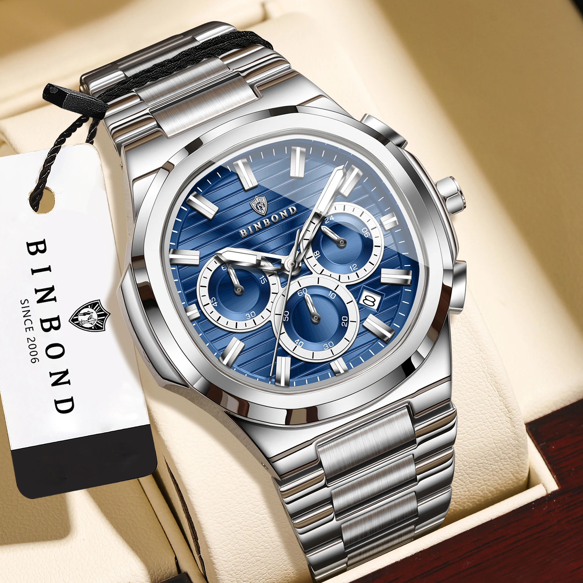 BINBOND Chronograph Quartz Watches For Men Luminous Waterproof Relojes De Hombre Stainless Steel Men's Watch With Gift Box