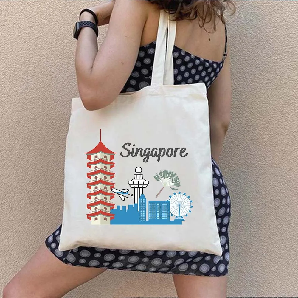 Coat of Arms Singapore Flag Map Asia Shophouse Heart Souvenir Trip Heart Watercolor Shopping Canvas Tote Bag Eco Shopper Handbag