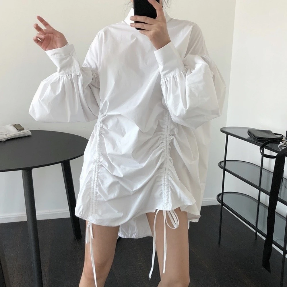 Moda irregular vestido feminino gola lanterna mangas cordão designer solto casual preto branco curto camisa vestidos