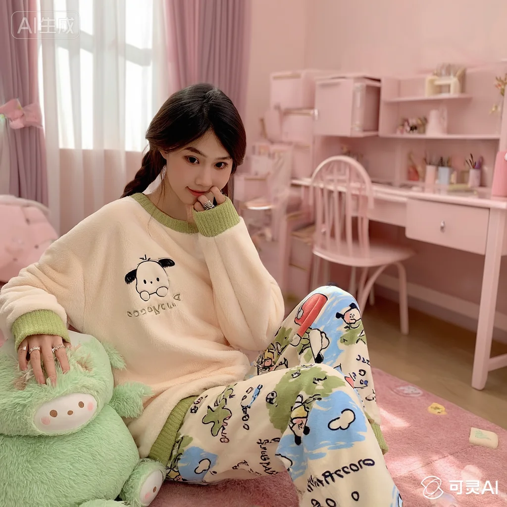 

Sanrio Kawaii пижамы с помпоном Purins, осень-зима, для колледжа, для дома, для отдыха, удобная корейская версия, свежая, милая, милая, для девочек