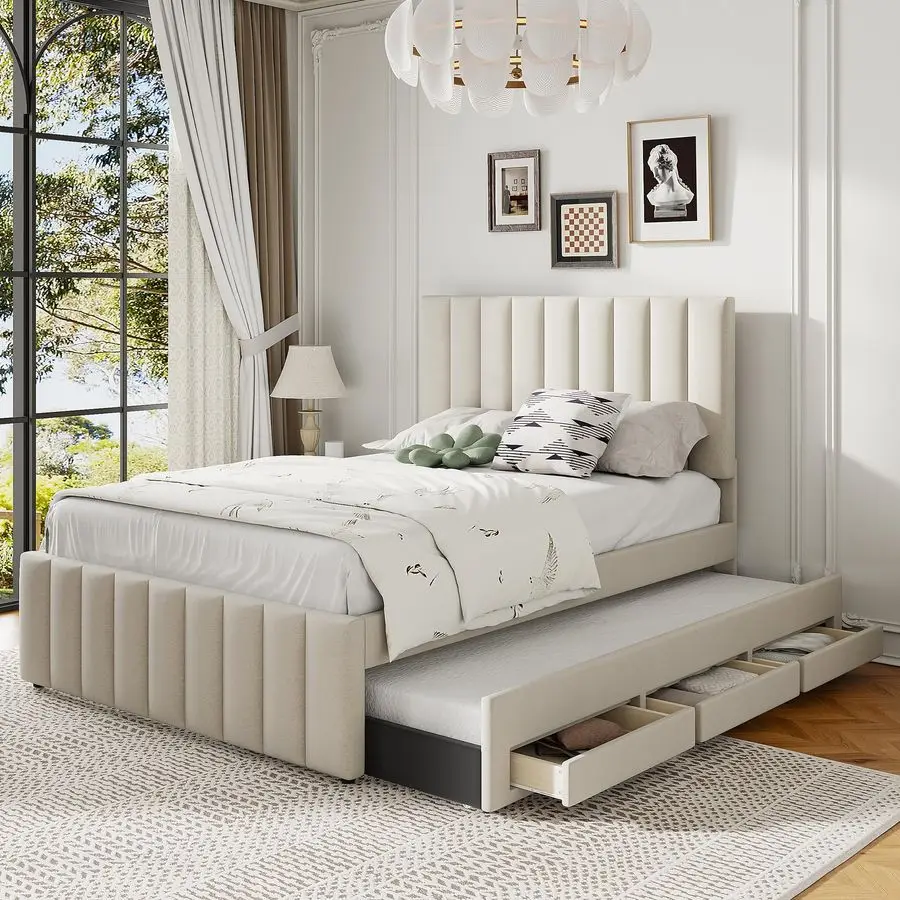 

Harper Bright Designs Full Size Bed with PullOut Trundle and 3 Storage Drawers Underneath, Linen Upholstered Full Platform Bed