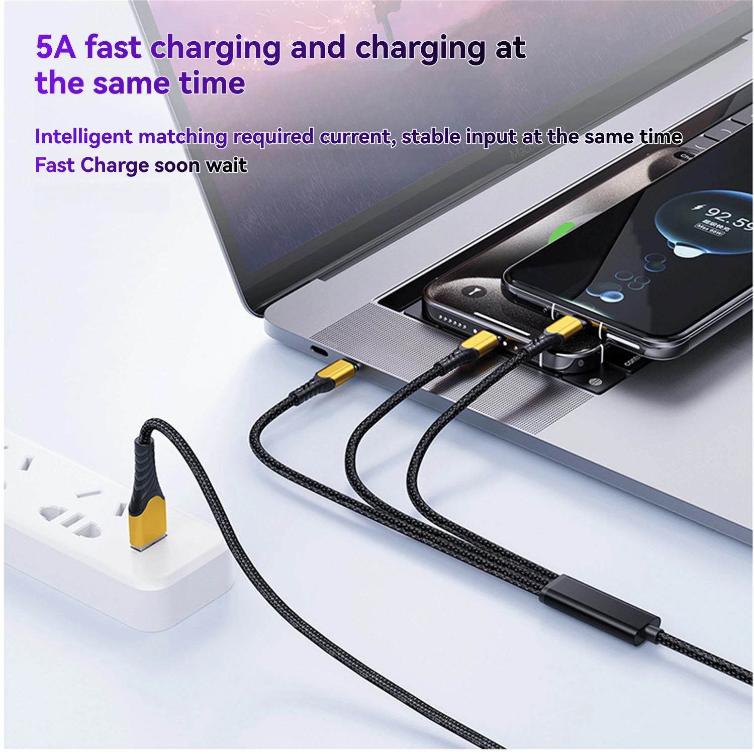 100W Super Fast Charging Cable 3-in-1 Charging Cable Universal Type-C Port Fast Charging Data Cable Type-C to 3 Type-C