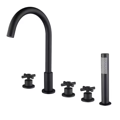 Black Chrome Finished Brass Bathtub Faucets Mixer Bath Tub Deck Mounted 5 Holes Hot Colder Water Crane with Hand Shower