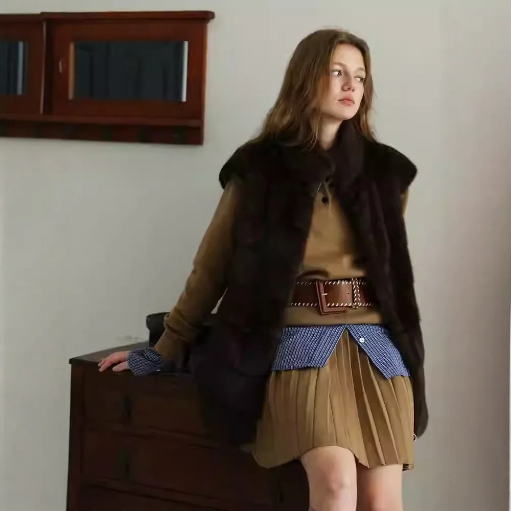 سيدة فرو منك سترة مترهل نمط الإناث ايكو الفراء أبلى الحد الأدنى المرأة الفراء الاصطناعي سترة الرجعية جيوب الرقبة المستديرة #4