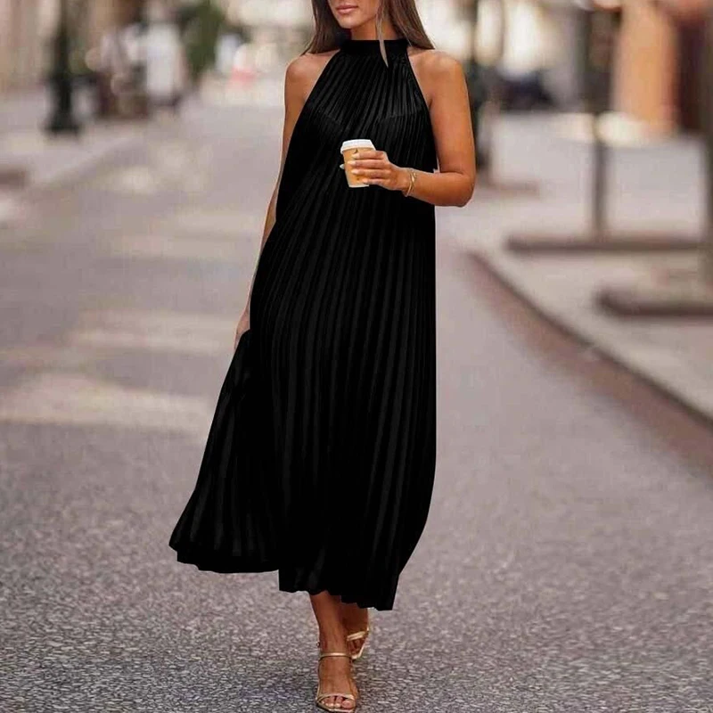 

2023 Fashion Women O Neck Long Dress Spring/Summer Casual Sleeveless Boho Pleated Dresses Lady Elegant Loose Beach Party Dresses