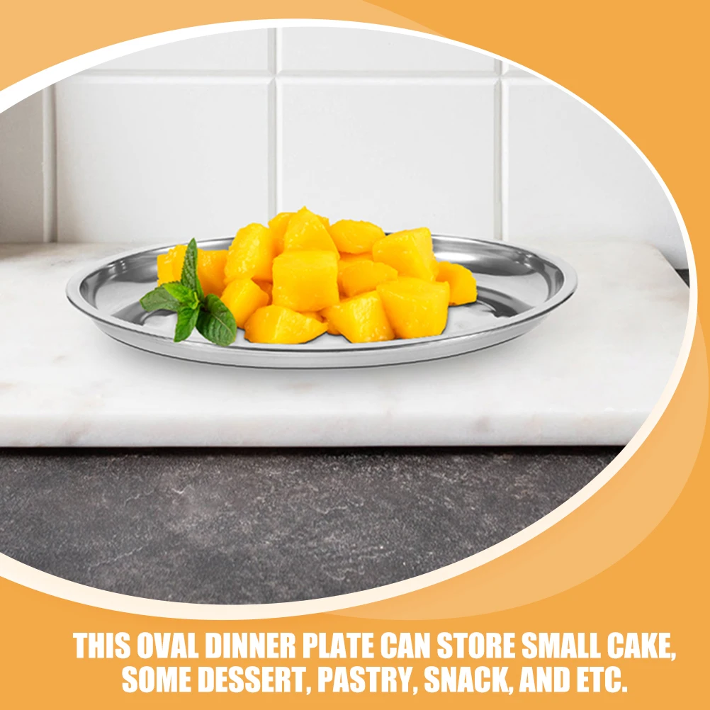 

2pcs Stainless Steel Oval Plates 201cm Silver Food Serving Fruit Pastry Snack Tray Home Kitchen Portable Storage