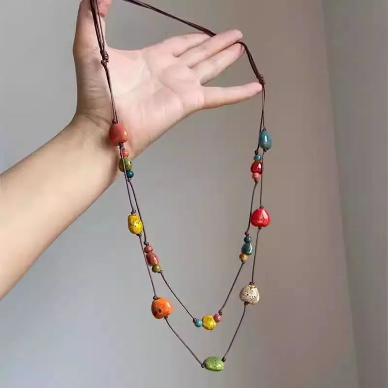 Bohemian Fashion Irregular Bead Necklace For Women Fashion Versatile Colorful Ceramic Geometric Long Sweater Chain Charm Gift