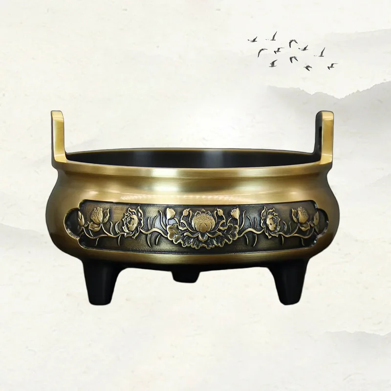 Brass , a must-have for offerings, with straight handles, a large Ming Dynasty Xuande-style incense burner, a deco