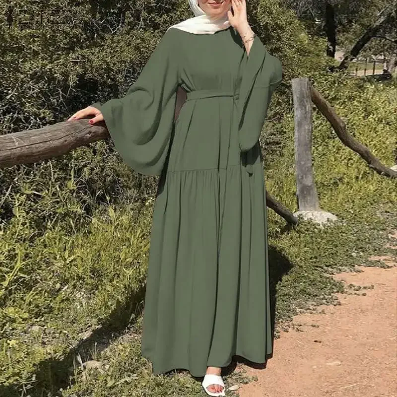 Long-sleeved Muslims Dubai Abayas Fashion O-neck Dress for Women Spring Solid Color Casual Robe Female Islam Clothes with Belt