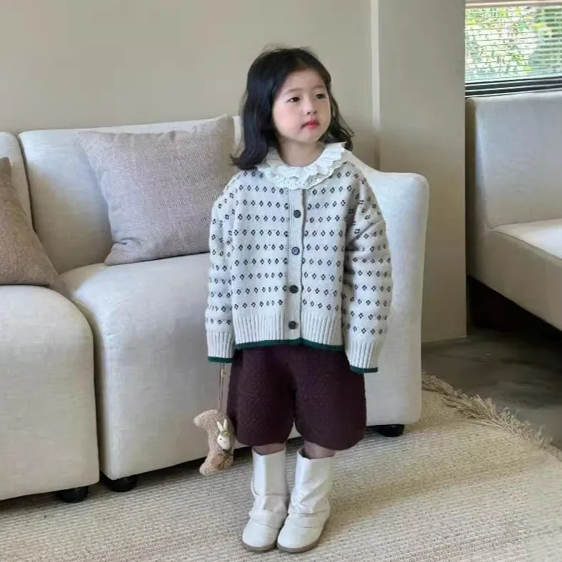 Girls Suit 2024 Autumn New Childrens Wear Korean Style Baby Girl Sweater Cardigan Five-point Sweater Pants Two-piece Casual