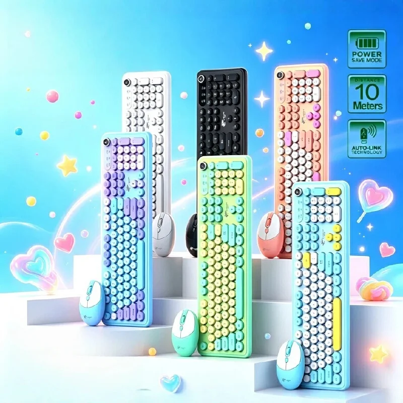 Wireless Keyboard And Mouse Combo 2.4G Plug And Play Punk Round Keycaps Single Receiver Power Saving For Home Office