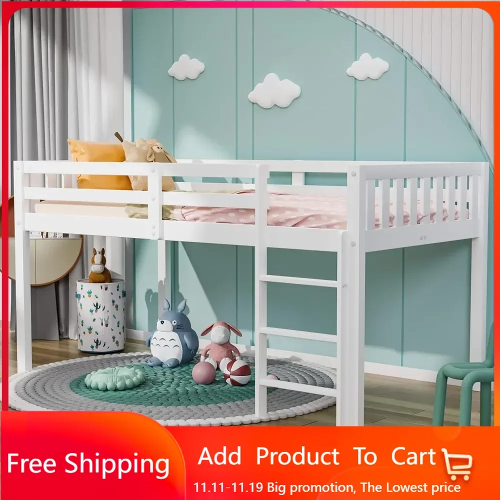 

Twin Loft Bed Low Loft Bed Frame for Little Kids Small Room/Low Ceiling Bedrrom with Guardrail and Ladder, White