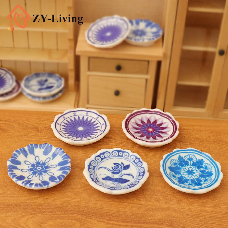 5Pcs 1:12 Dollhouse Miniature Dining Plates Doll Home Simulation Kitchen Tableware Accessories Dolls House Scene Decor Toy