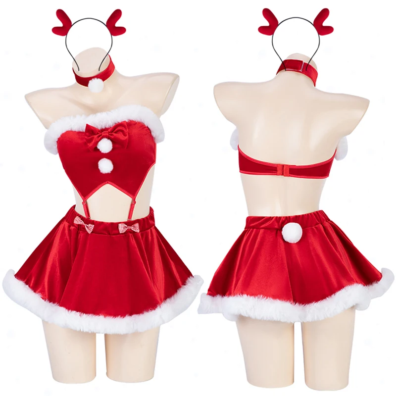 Christmas Cosplay Costumes For Women Girl Sexy Red Plush Santa Lingerie Set Backless Tube Top Dress Uniform Nightie Sleepwear