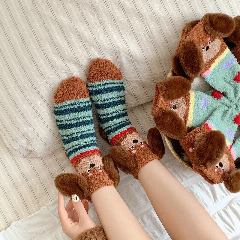 

Термопластики с собачьими ушками, пушистые тапочки, носки, плюшевые теплые домашние носки для сна, удобные для ног в холодную погоду для женщин, милые носки