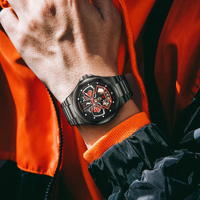 Daniel Gorman 남성용 스포츠 스켈레톤 디자인 시계, 럭셔리 자동 발광 손, 5 ATM 방수 시계, DG8107 패션