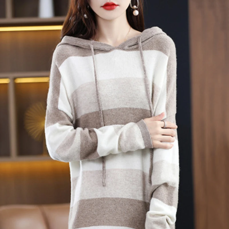 Hooded Stripe Knitted Dress Women Vintage Autumn Winter Long Sleeve A-Line Dress Oversized Loose Casual Straight Sweater Dress