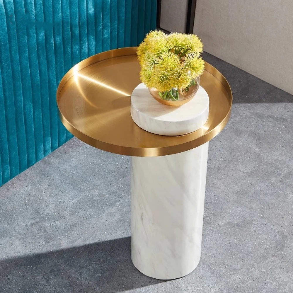 Modern interior luxury style metal tray black gold marble coffee side table round living room