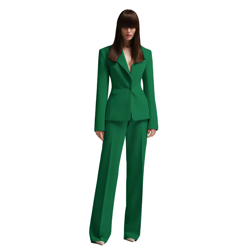 Green Women's Suit Wedding Dress Set 2 Piece Formal Party Work Wear Slim Fit Pants Custom Color Size Outfit