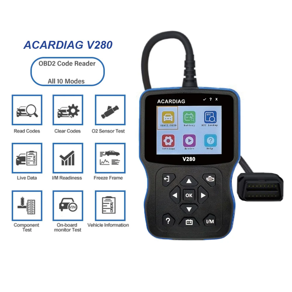 

Диагностический сканер ACARDIAG Scan V280 2 в 1 OBD2 и тестер аккумуляторов: чтение кодов неисправностей двигателя, сброс кодов и другие функции.