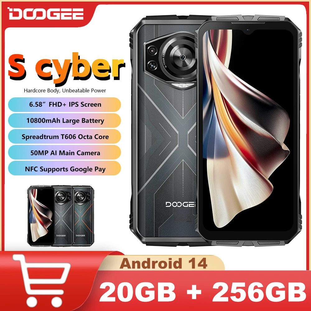 DOOGEE S-Cyber Telefone Robusto, 8GB + 256GB, 6,58 ", 90Hz IPS Screen, Android 14, 10800mAh Grande Bateria, 50MP AI Câmera Principal, Versão Global