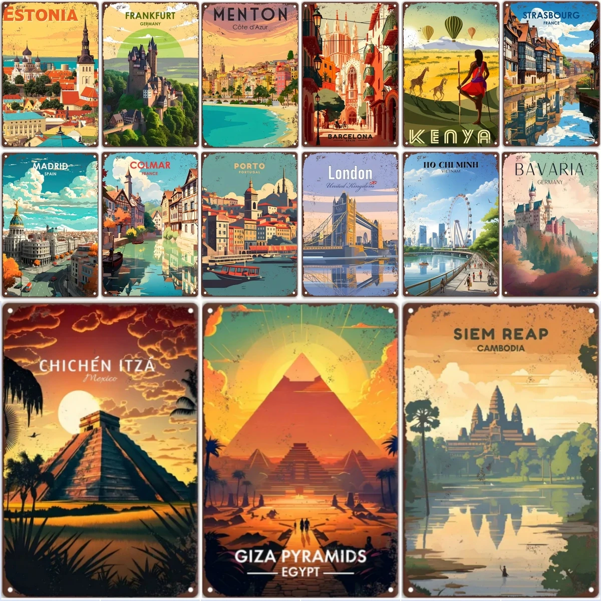 Travel Round The World Vintage Metal Sign.KENYA,EGYPT,PYRAMIDS Retro Poster,Home,Bar,Room,Hotel,Cafe,Club Garden Wall Decor Gift