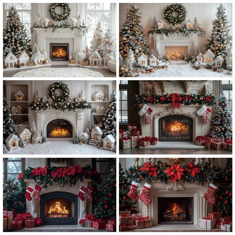 Christmas Party Burning Fireplace Backdrop Photography Xmas Tree Baby Photo Photographic Family Party Background Photo Studio