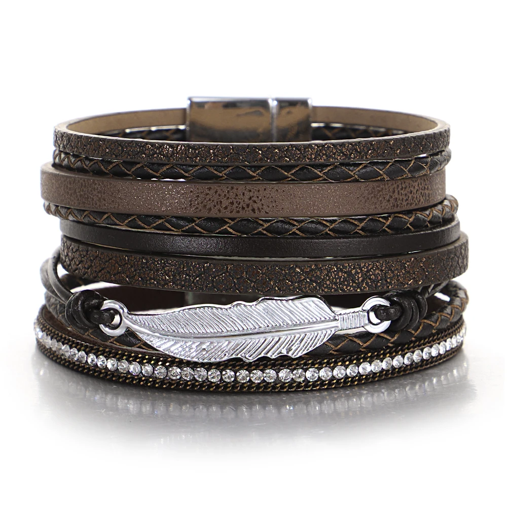 ALLYES Vintage Leaf Feather wielowarstwowa skórzana bransoletka moda męska pleciona ręcznie lina bransoletki damska biżuteria — zdjęcie 4