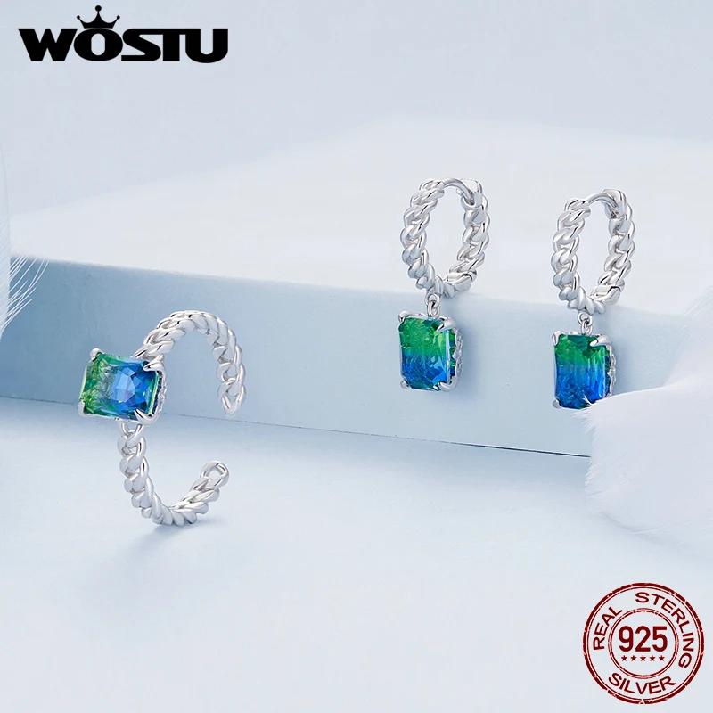 WOSTU-Anillos rectangulares de turmalina para mujer, anillos ajustables de eslabones cubanos, anillo de cristal arcoíris, joyería Punk, regalo nuevo, Plata de Ley 925