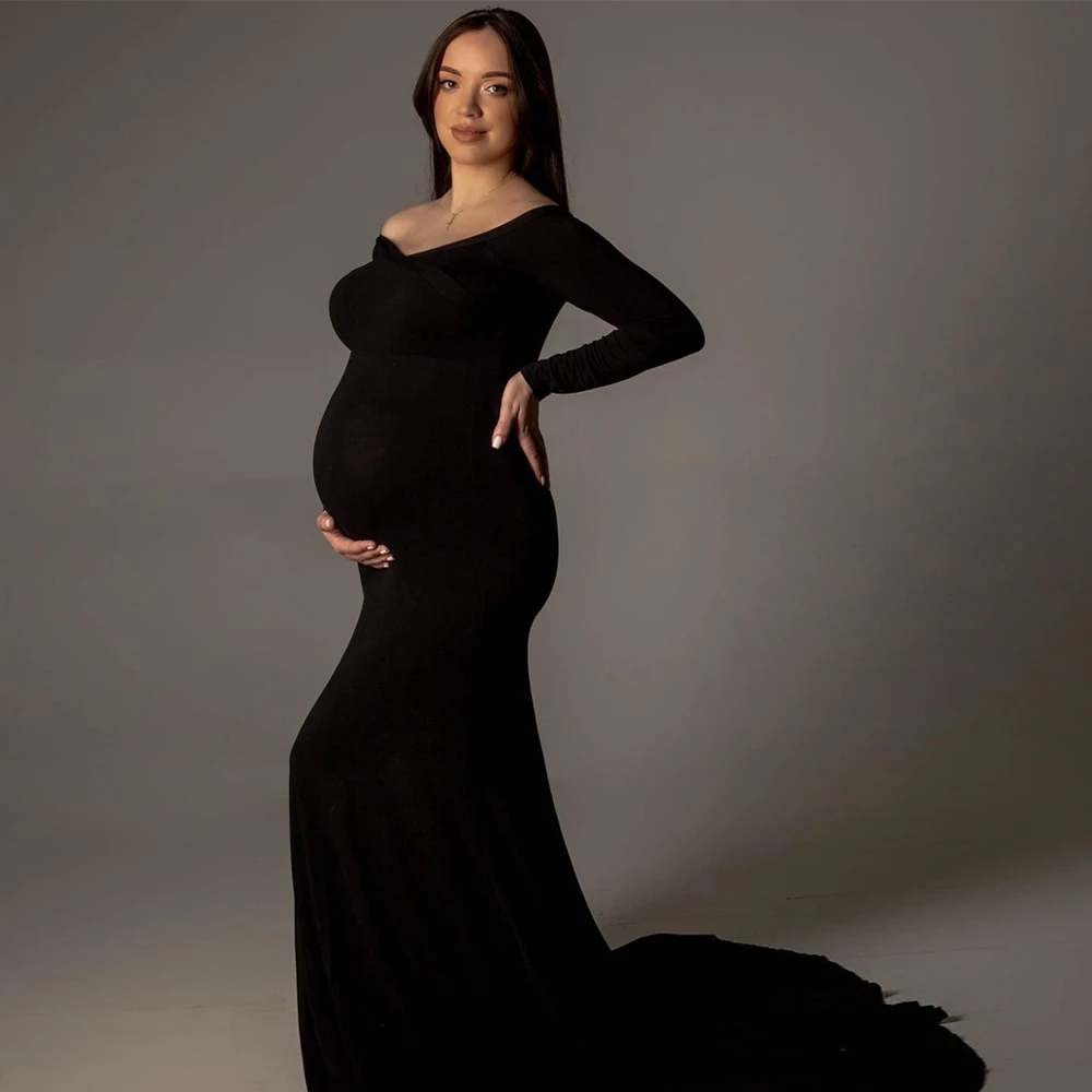 Pregnancy Dress Photography Off Shoulder Slim Elegant Maternity Clothes Floor Length Formal Gown Baby Showe Evening Party