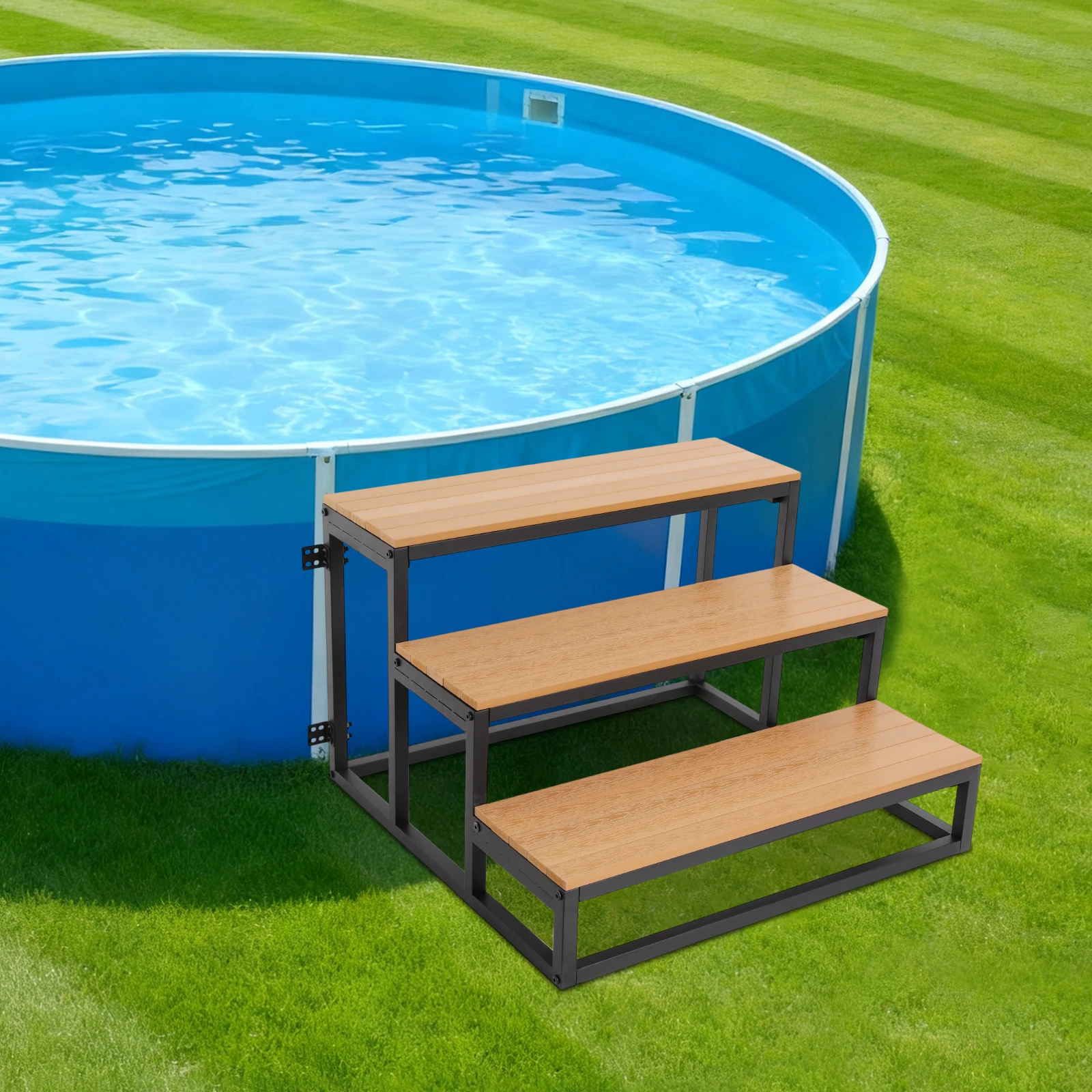 Black Iron Wood 80x75x52cm Three-step Stairs with Handrails 440lb Load-bearing Non-slip Household Climbing Ladder