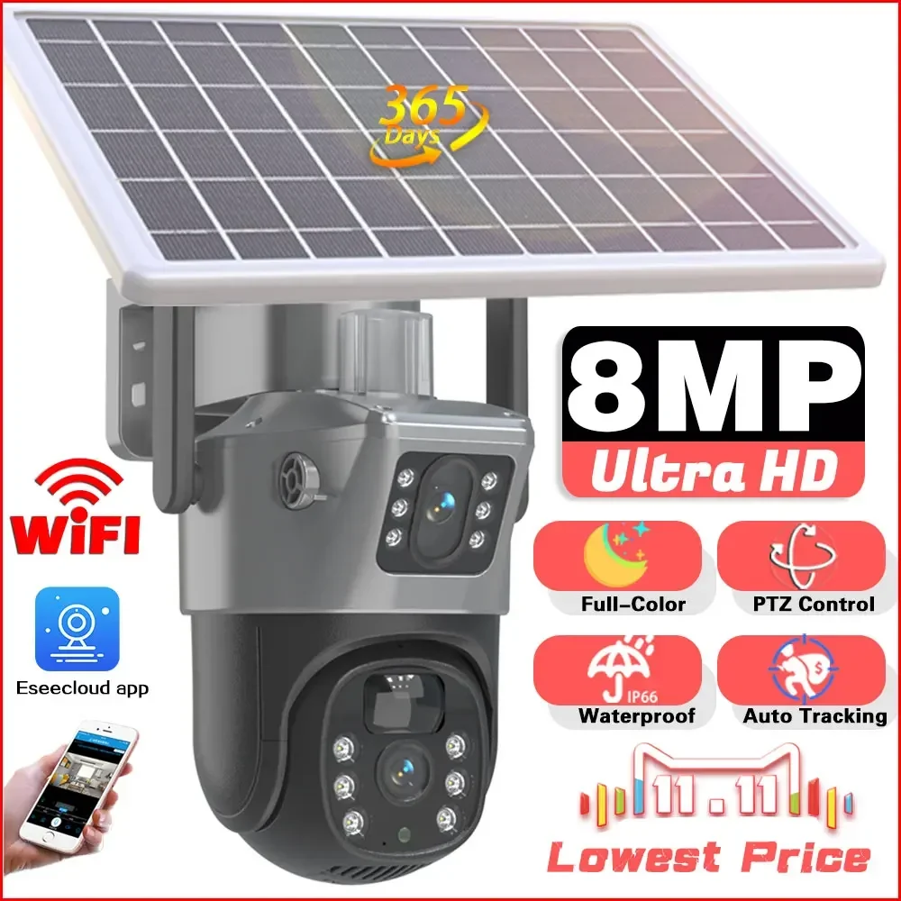 

WiFi Solar Camera 4K Outdoor 360 Wireless PTZ IP Camera With Solar Panel Recharge Battery 8MP HD Video Surveillance Cameras